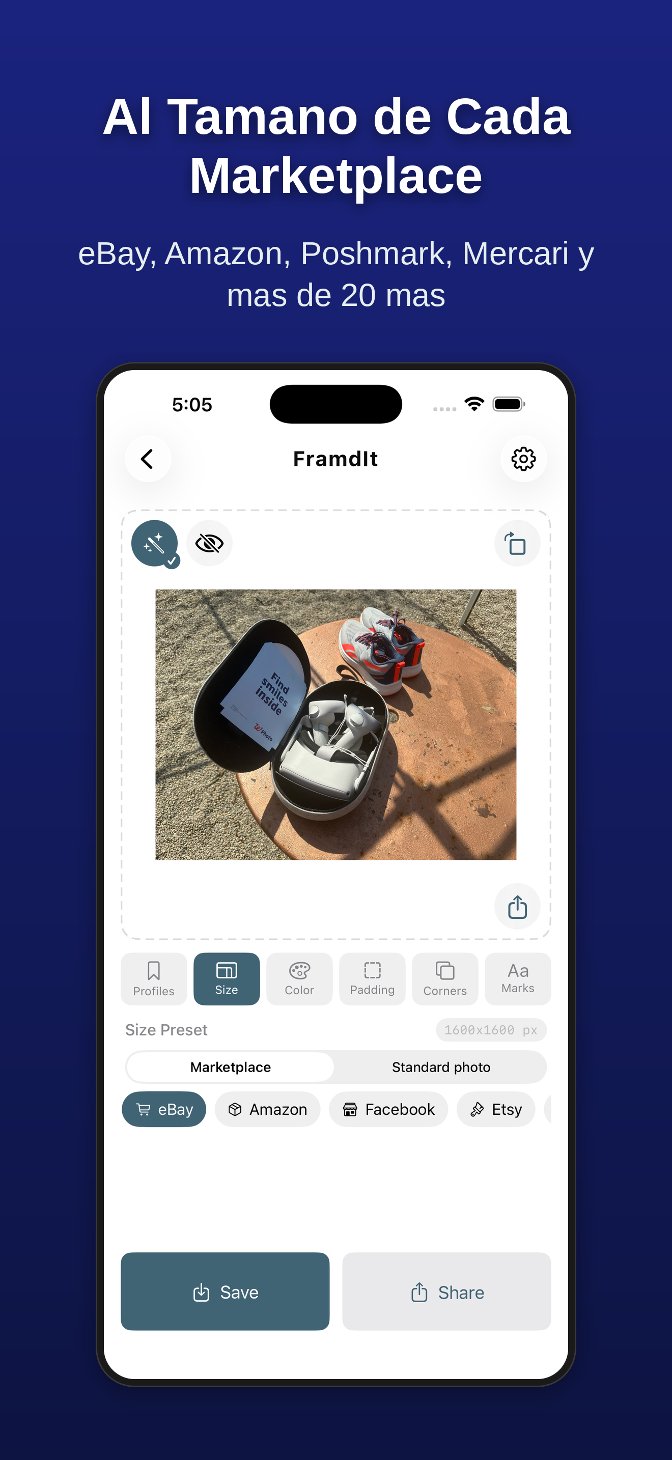 FramdIt con medidas para cada plataforma de venta